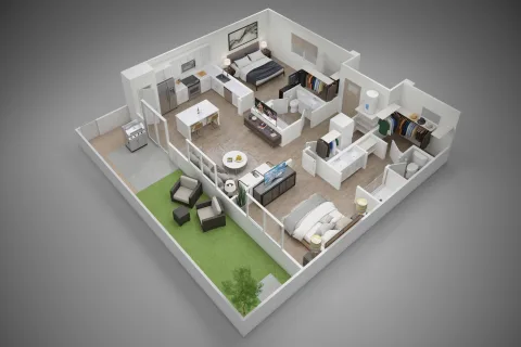 2-bedroom 3D floor plan. New pet-friendly apartment homes for rent with private fenced backyards in Cypress, TX, near Houston, TX with gym, club house, pool and dog park.